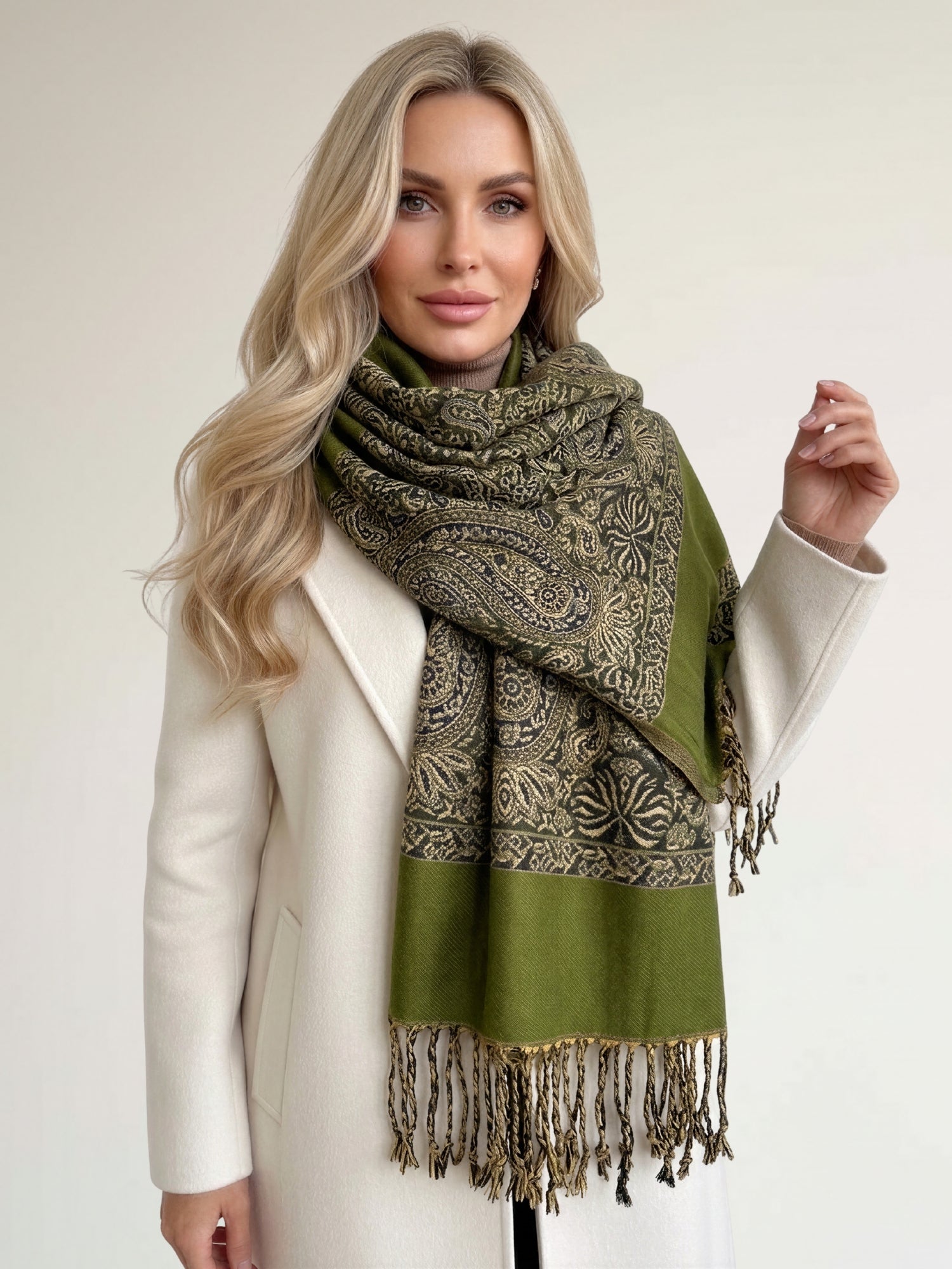 LARGE PLAIN GREEN REVERSIBLE MULTI COLOUR PAISLEY PRINT PASHMINA SHAWL SCARF WRAP - A-SHU.CO.UK