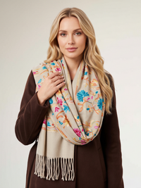 LARGE BEIGE FLOWER PRINT CASHMERE COTTON BLEND WINTER SHAWL BLANKET SCARF