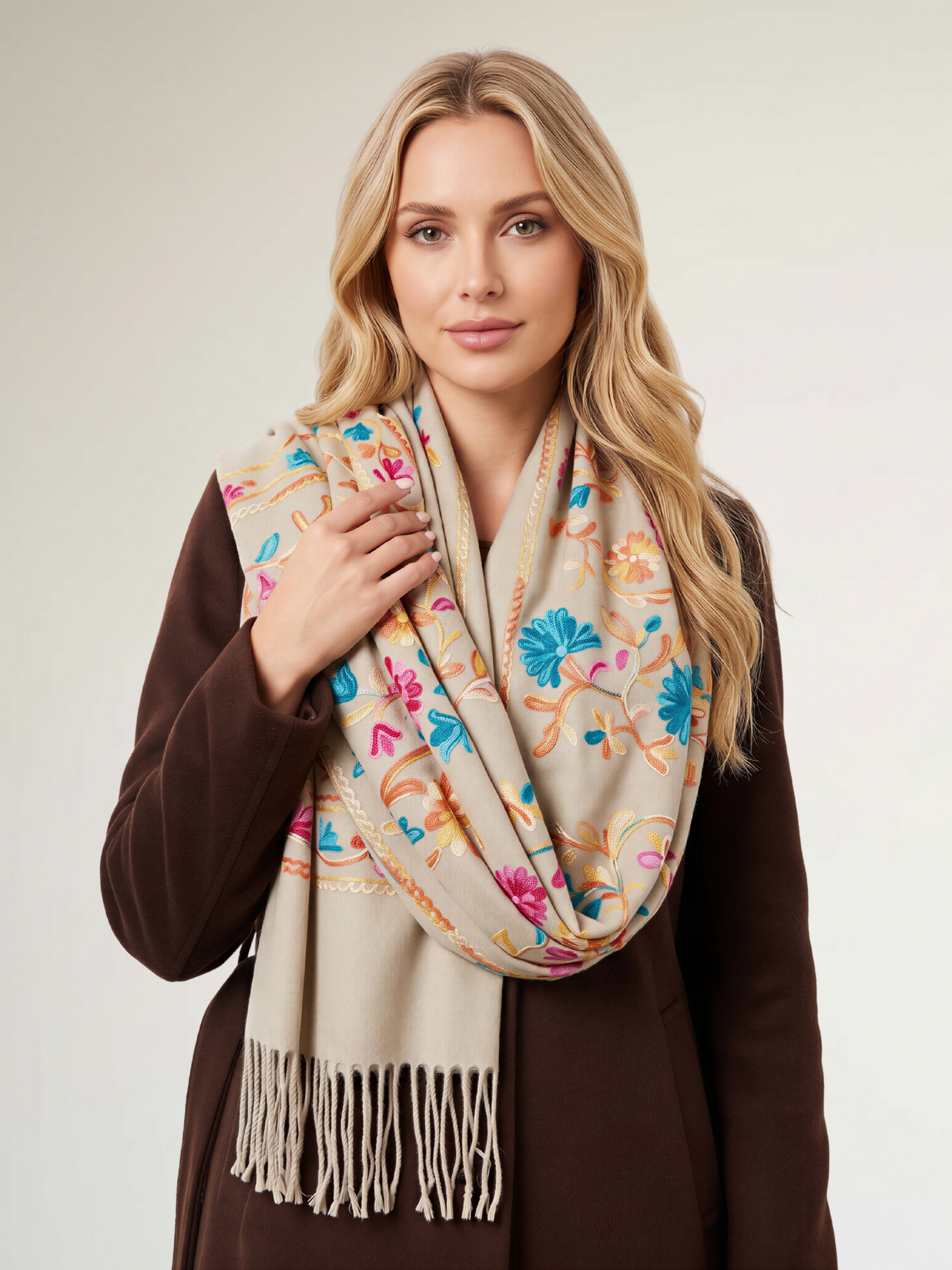 LARGE BEIGE FLOWER PRINT CASHMERE COTTON BLEND WINTER SHAWL BLANKET SCARF