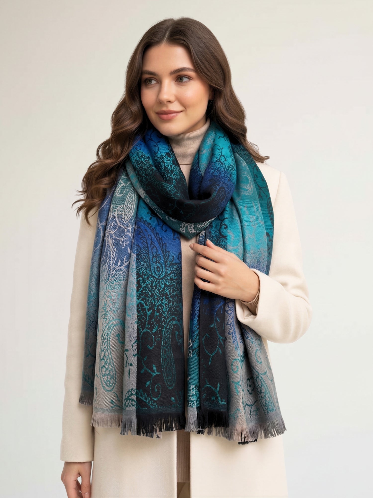 LARGE REVERSIBLE BLUE OMBRE PAISLEY PRINT PASHMINA SHAWL SCARF WRAP