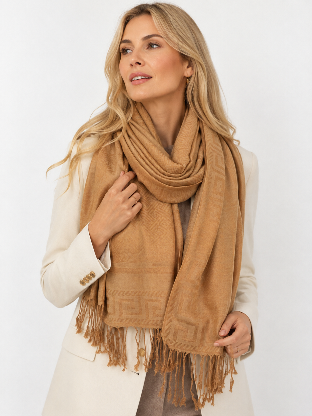 GEOMETRIC GOLDEN BEIGE LIGHTWEIGHT PASHMINA SHAWL SCARF - A-SHU.CO.UK