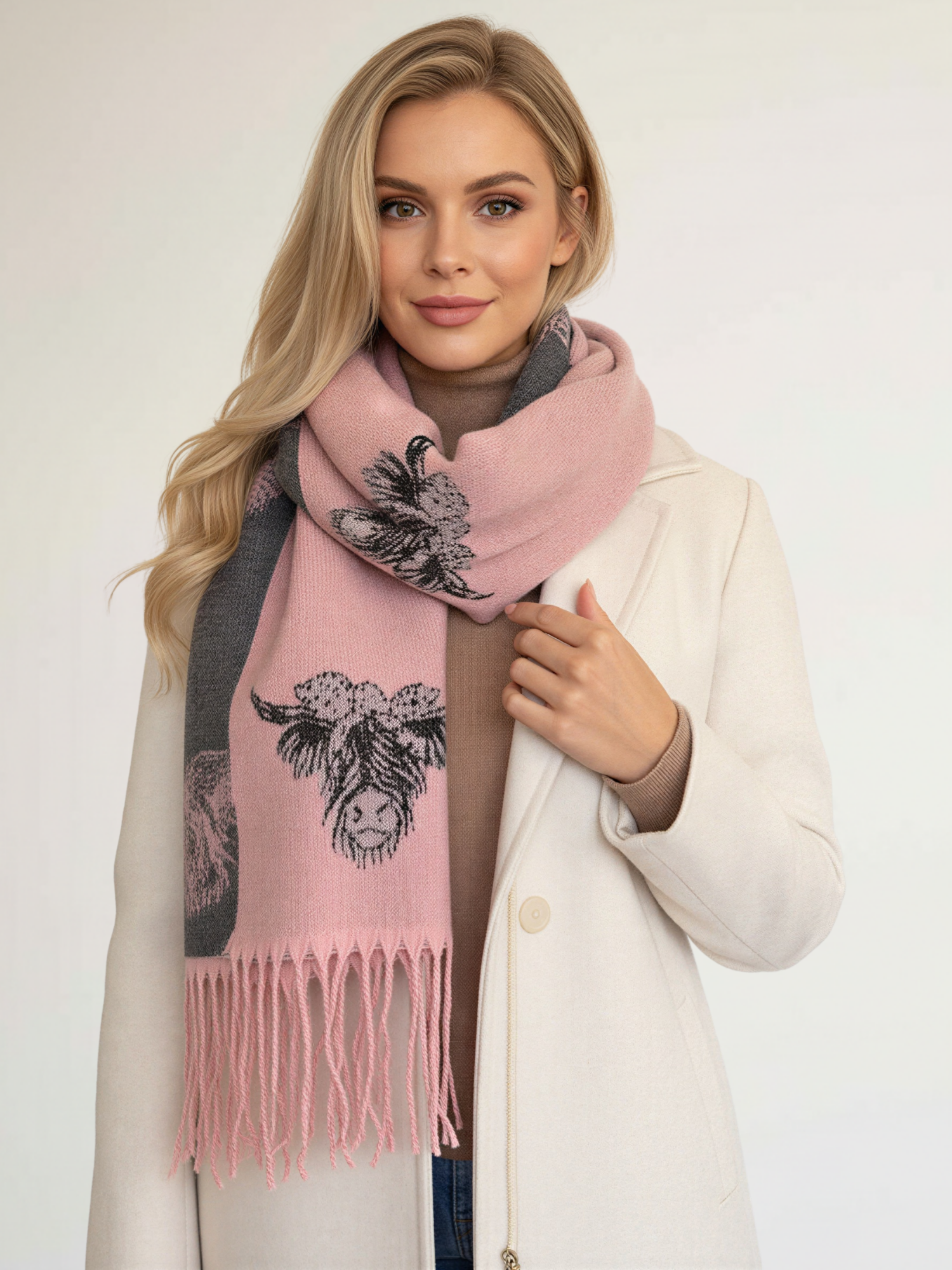 LARGE LIGHT PINK HIGHLAND COW CASHMERE REVERSIBLE SHAWL SCARF