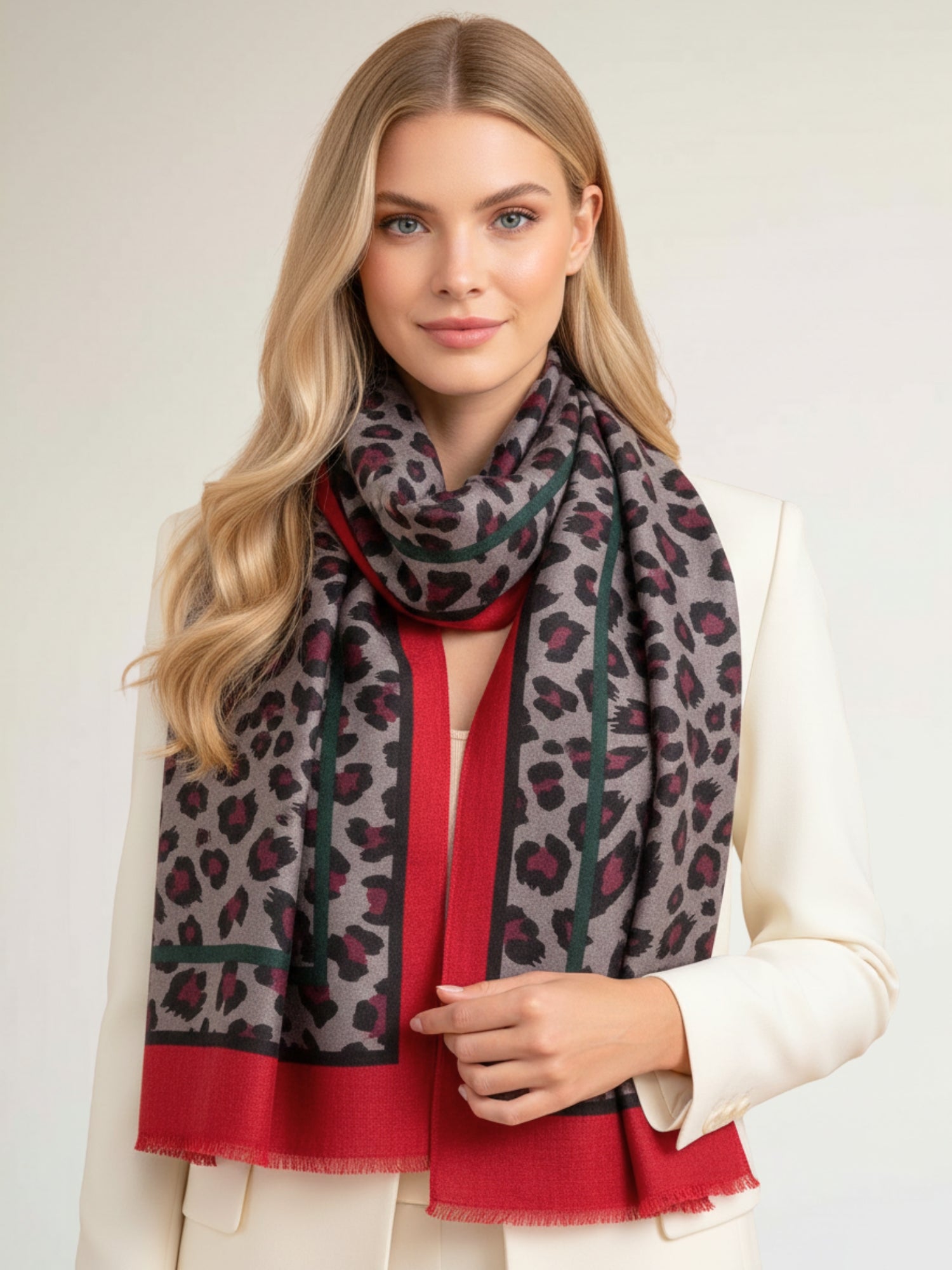 LARGE RED STRIPE LEOPARD PRINT SHAWL SCARF