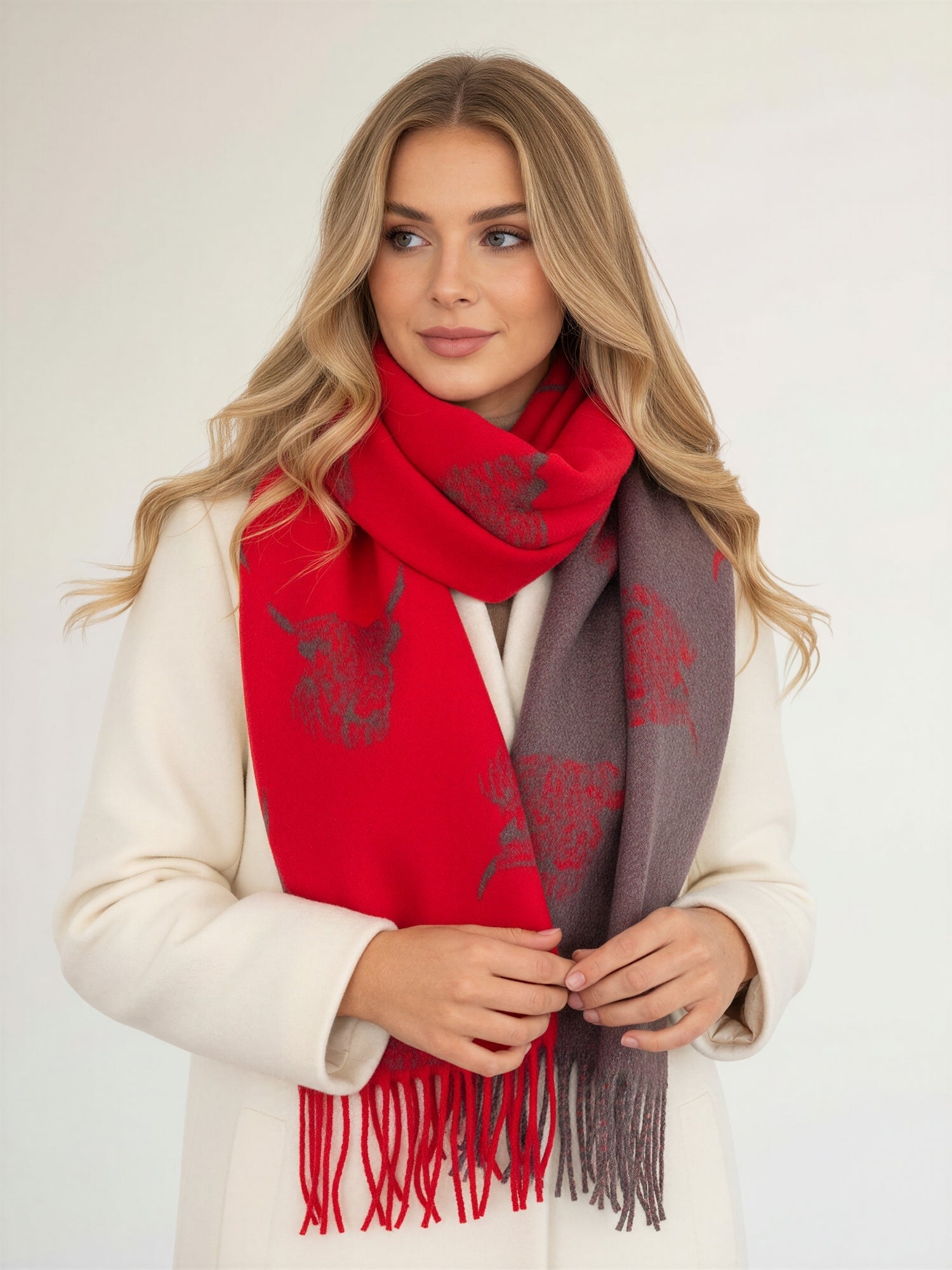 CASHMERE HIGHLAND COW PRINT REVERSIBLE WINTER SHAWL BLANKET SCARF - RED