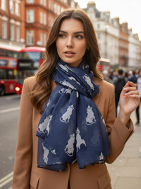 NAVY BLUE ART DECO LIGHTWEIGHT CAT SCARF - A-SHU.CO.UK