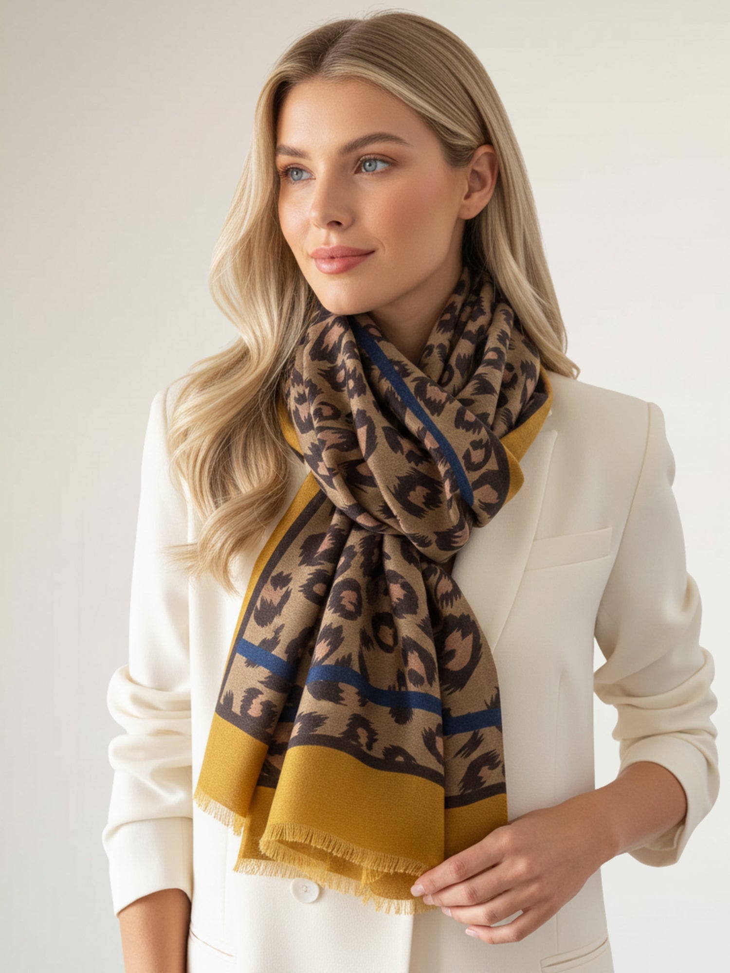 LARGE MUSTARD YELLOW STRIPE LEOPARD PRINT SCARF