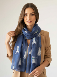 NAVY BLUE ART DECO LIGHTWEIGHT CAT SCARF - A-SHU.CO.UK