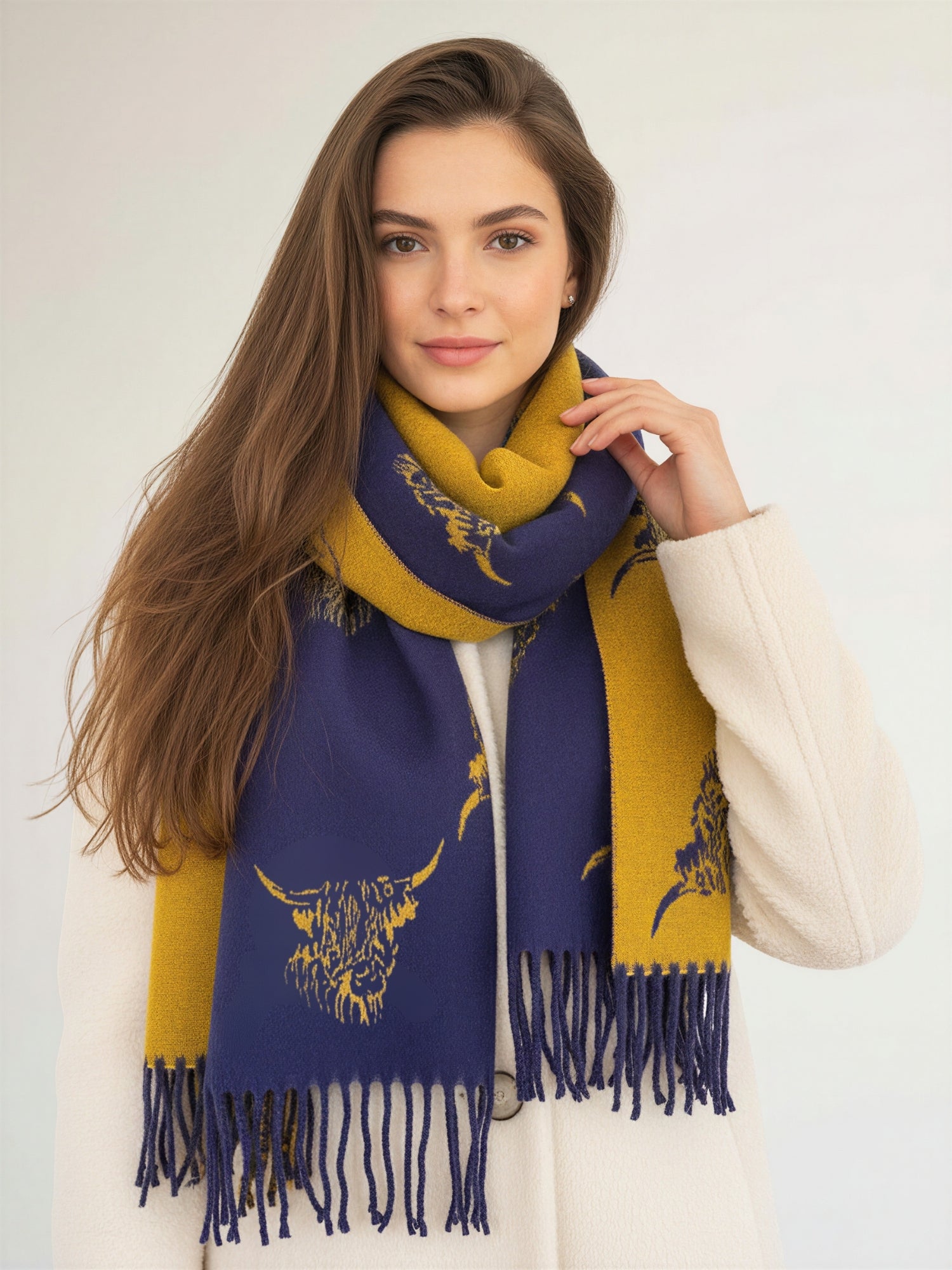 CASHMERE HIGHLAND COW PRINT REVERSIBLE WINTER SHAWL BLANKET SCARF - NAVY MUSTARD