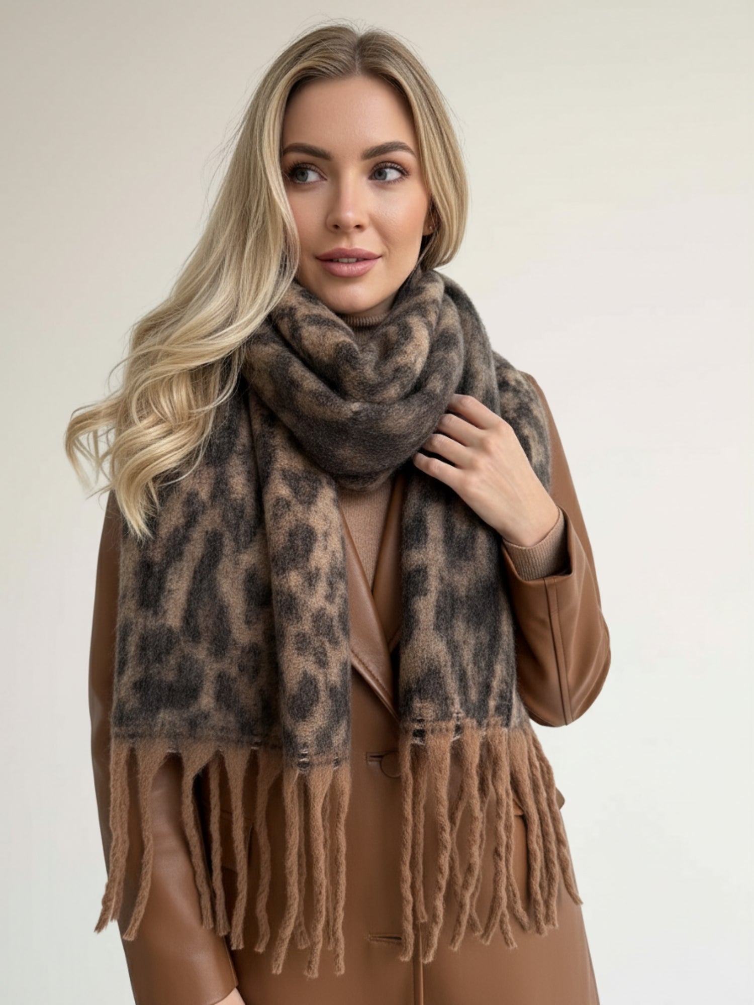 BROWN FLUFFY LEOPARD PRINT OVERSIZED BLANKET SCARF SHAWL WRAP