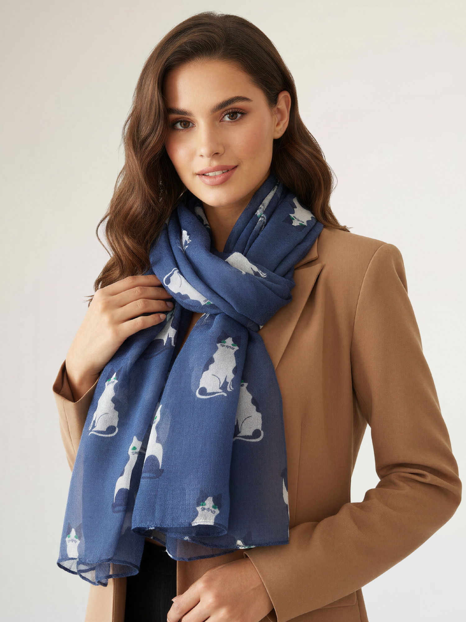 NAVY BLUE ART DECO LIGHTWEIGHT CAT SCARF - A-SHU.CO.UK