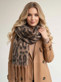 BROWN FLUFFY LEOPARD PRINT OVERSIZED BLANKET SCARF SHAWL WRAP