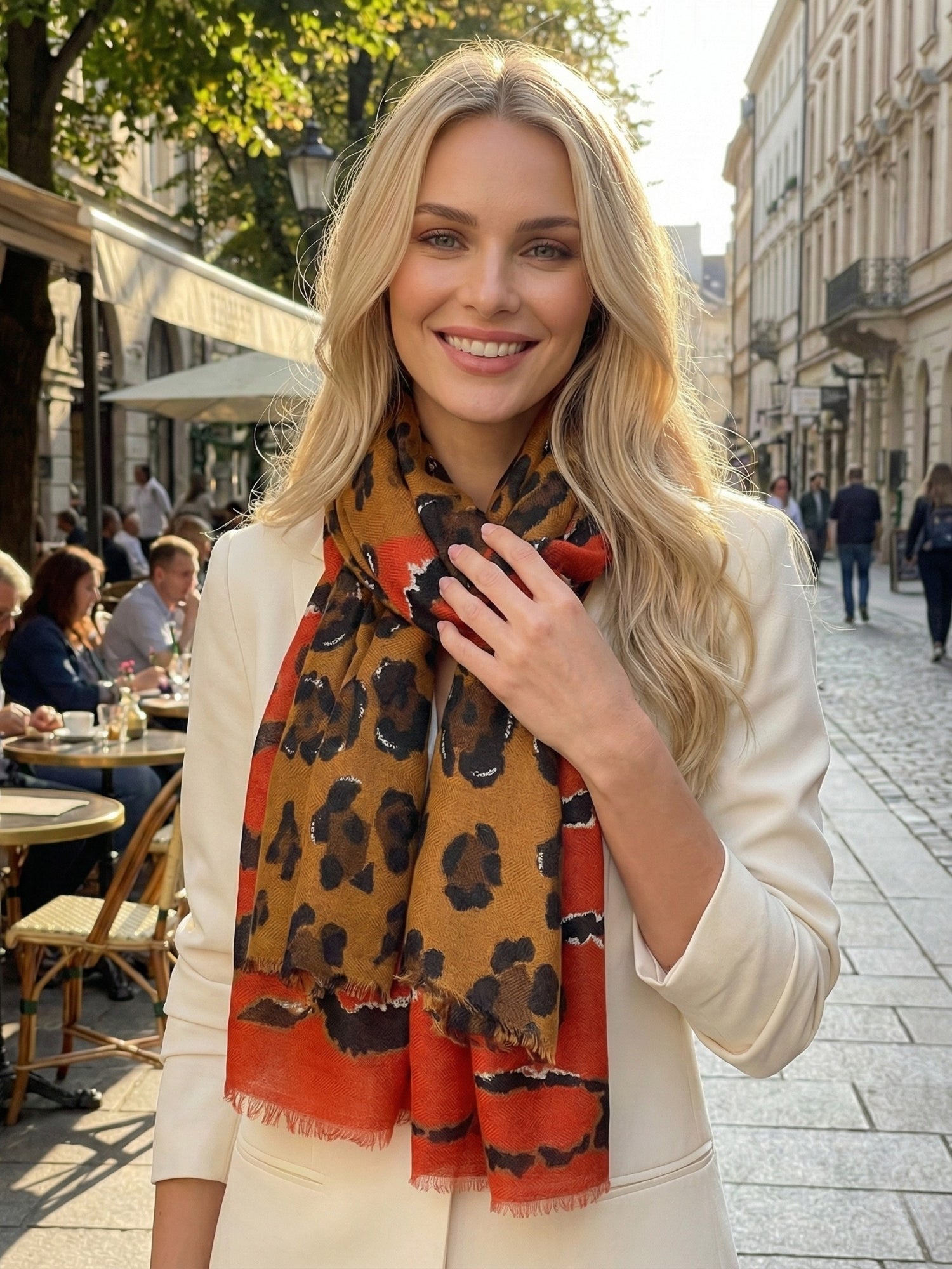 LARGE DEEP ORANGE ZEBRA AND LEOPARD PRINT SHAWL SCARF