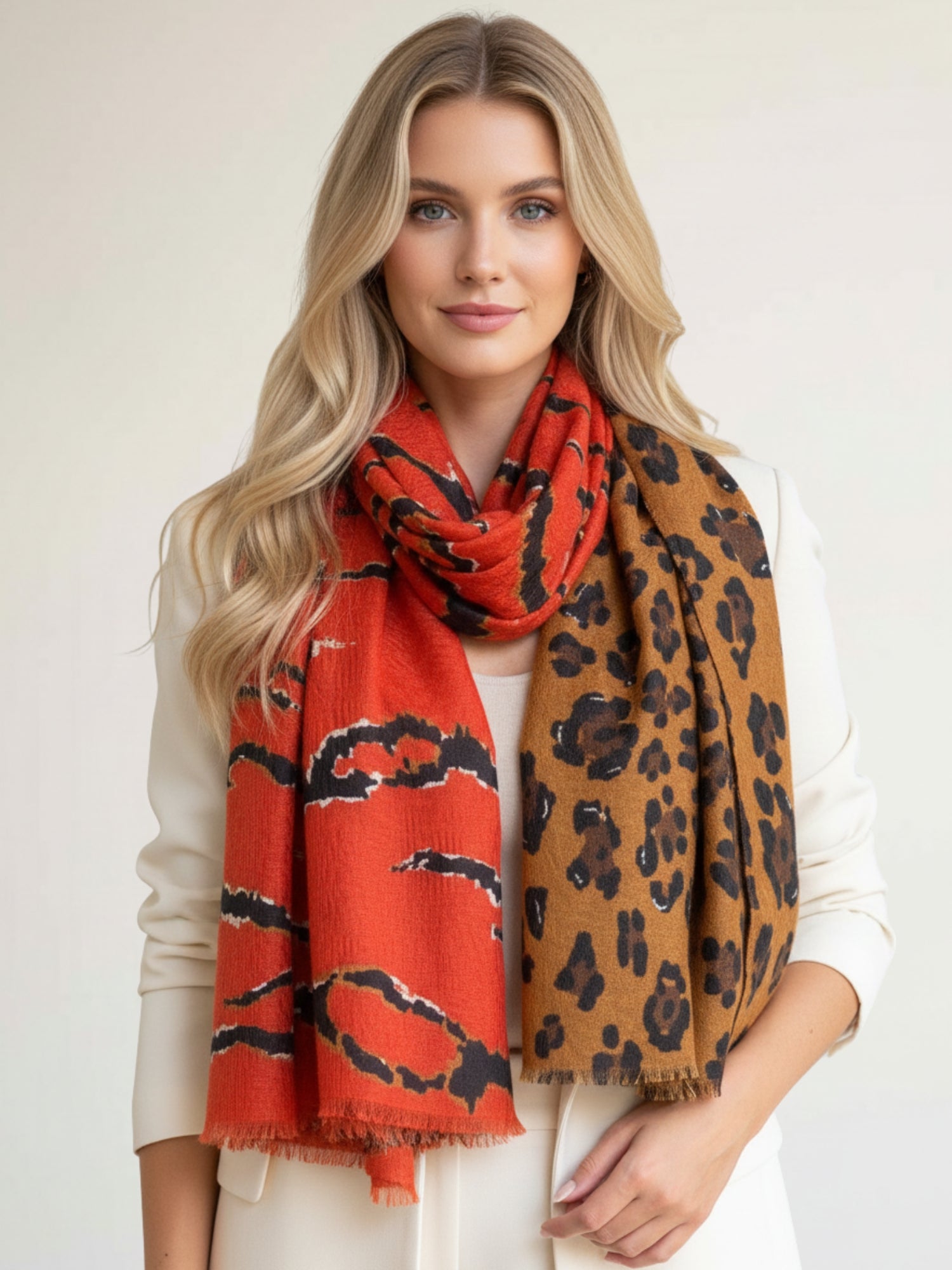 LARGE DEEP ORANGE ZEBRA AND LEOPARD PRINT SHAWL SCARF
