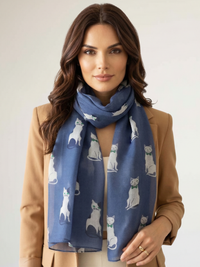 NAVY BLUE ART DECO LIGHTWEIGHT CAT SCARF - A-SHU.CO.UK