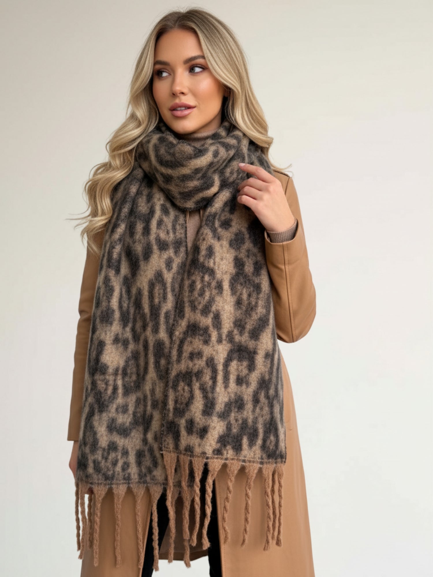BROWN FLUFFY LEOPARD PRINT OVERSIZED BLANKET SCARF SHAWL WRAP