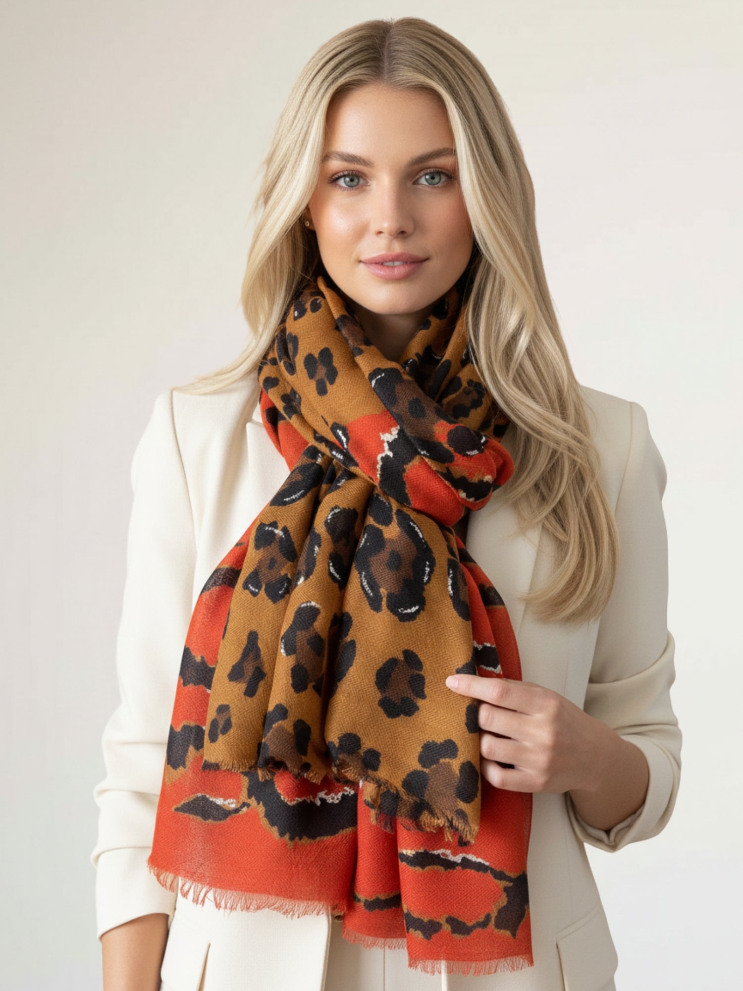 LARGE DEEP ORANGE ZEBRA AND LEOPARD PRINT SHAWL SCARF