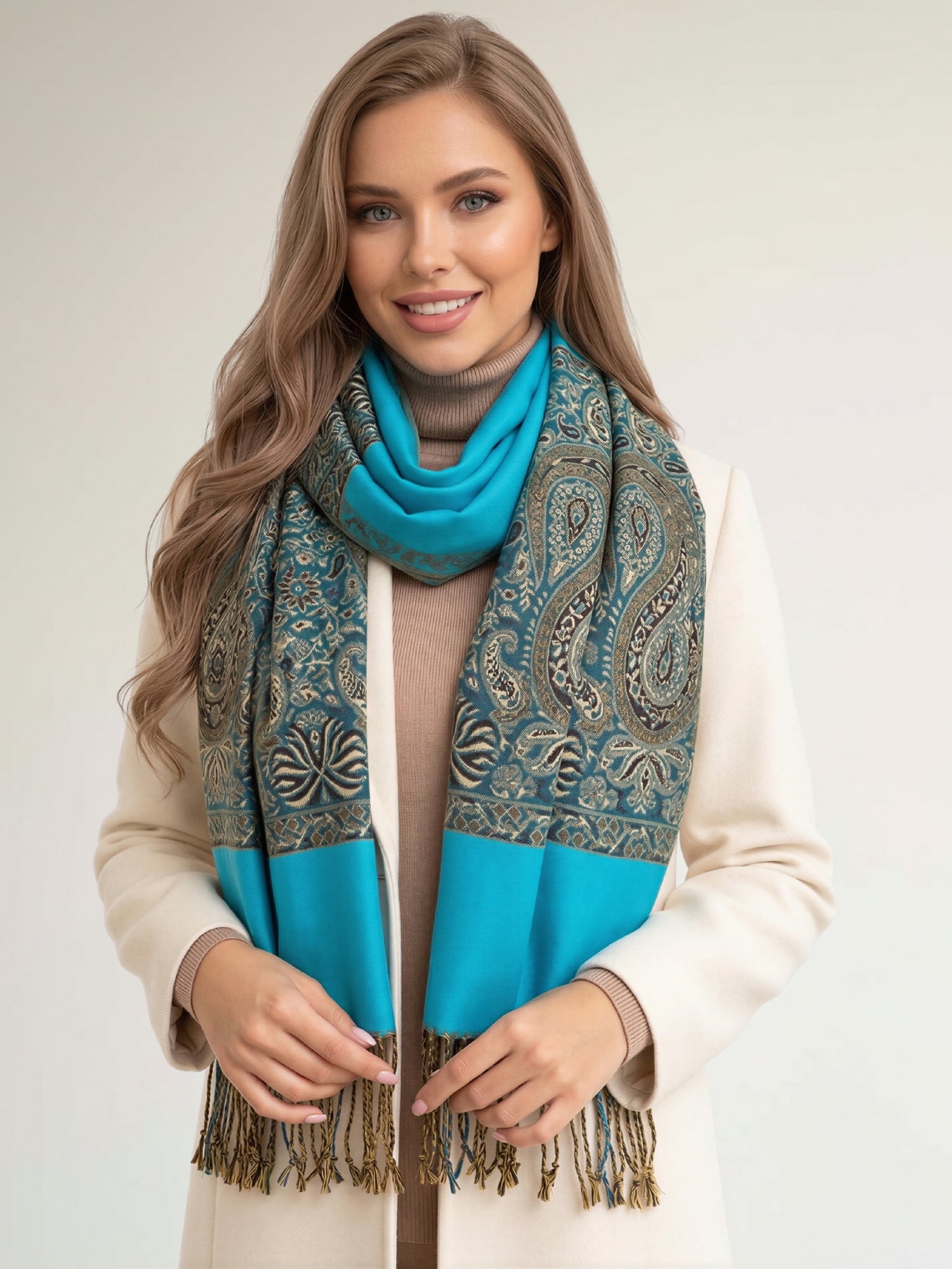 LARGE PLAIN TEAL BLUE REVERSIBLE MULTI COLOUR PAISLEY PRINT PASHMINA SHAWL SCARF WRAP - A-SHU.CO.UK