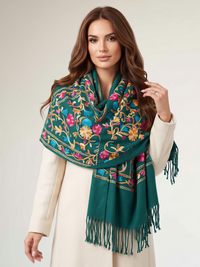 LARGE GREEN FLOWER PRINT CASHMERE COTTON BLEND WINTER SHAWL BLANKET SCARF
