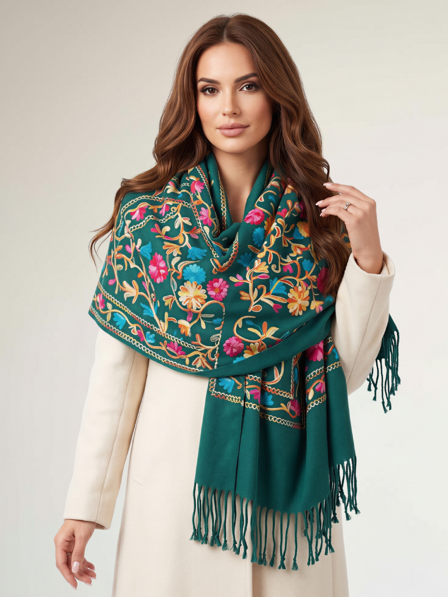LARGE GREEN FLOWER PRINT CASHMERE COTTON BLEND WINTER SHAWL BLANKET SCARF