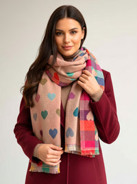 LARGE CHECKED HEART PRINT REVERSIBLE WINTER SHAWL BLANKET SCARF - PINK
