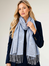 LARGE SILVERY BLUE SWIRL FLORAL PRINT REVERSIBLE PASHMINA SHAWL SCARF - A-SHU.CO.UK