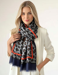 LARGE NAVY BLUE STRIPE LEOPARD PRINT SHAWL SCARF