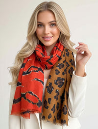 LARGE DEEP ORANGE ZEBRA AND LEOPARD PRINT SHAWL SCARF