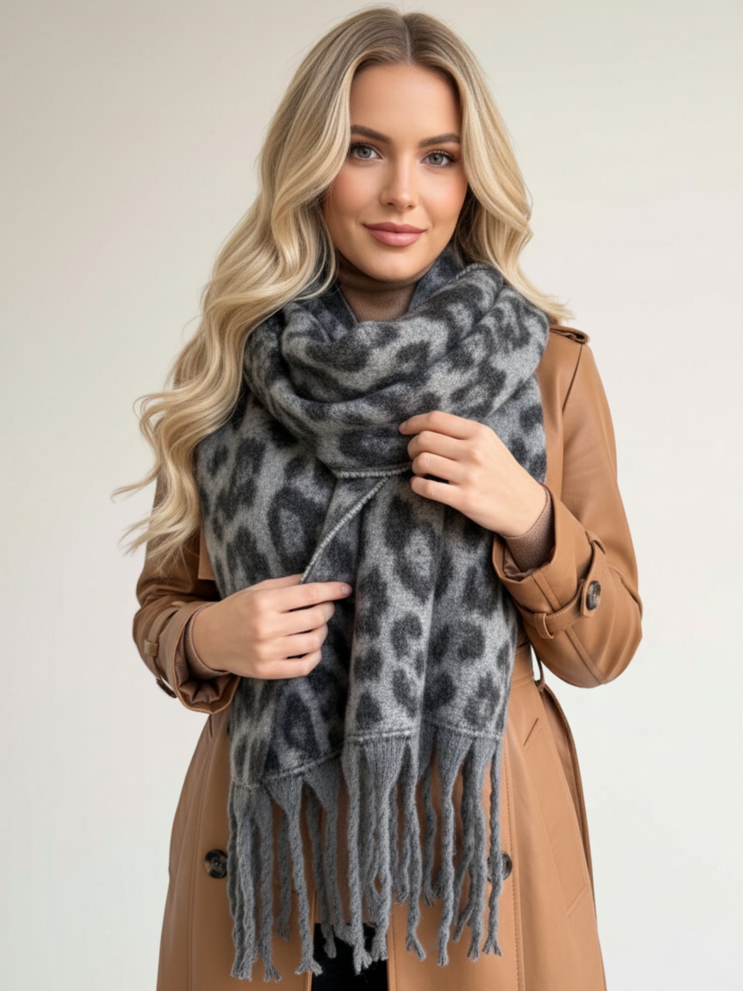GREY FLUFFY LEOPARD PRINT OVERSIZED BLANKET SCARF SHAWL WRAP
