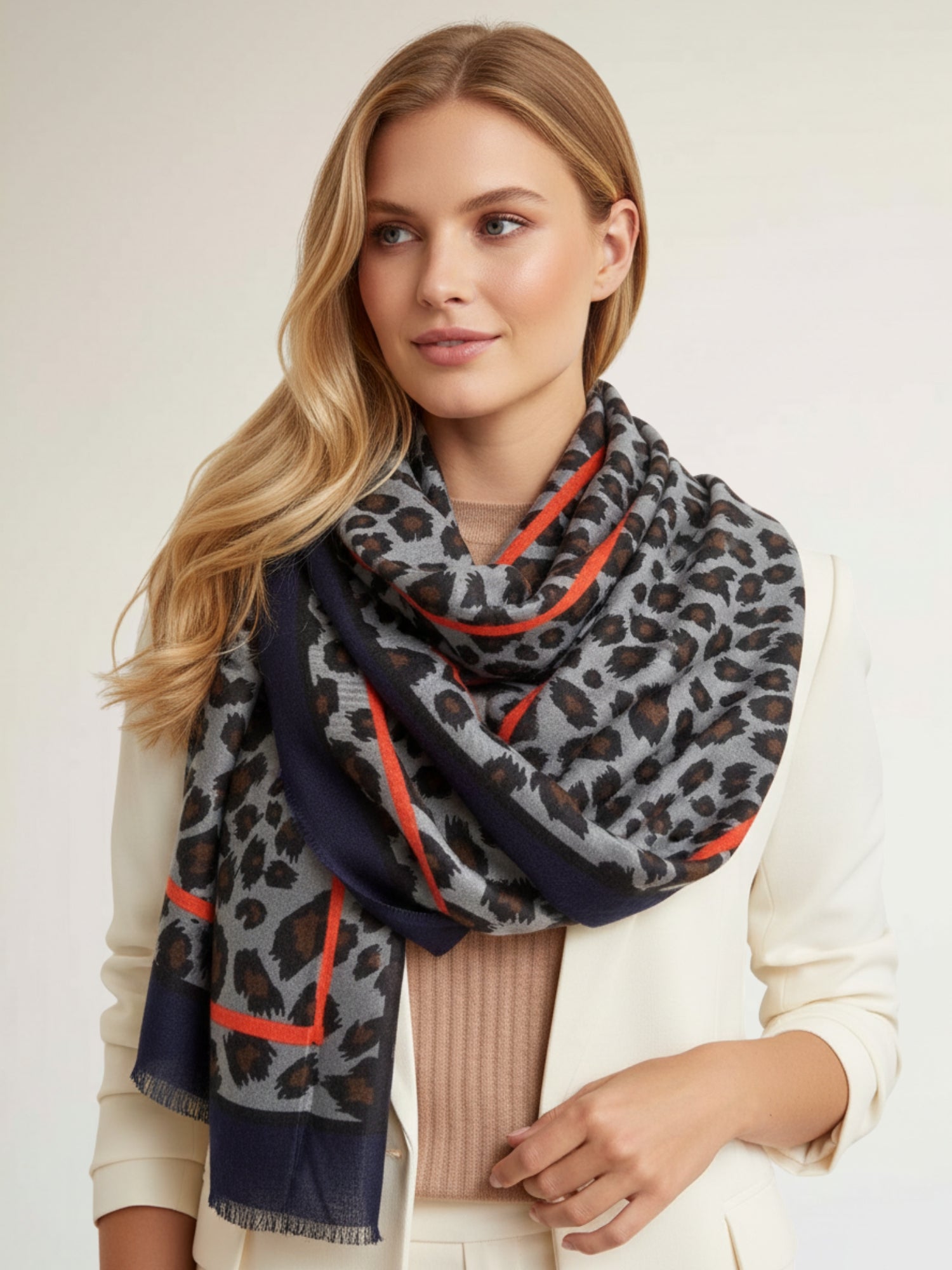 LARGE NAVY BLUE STRIPE LEOPARD PRINT SHAWL SCARF