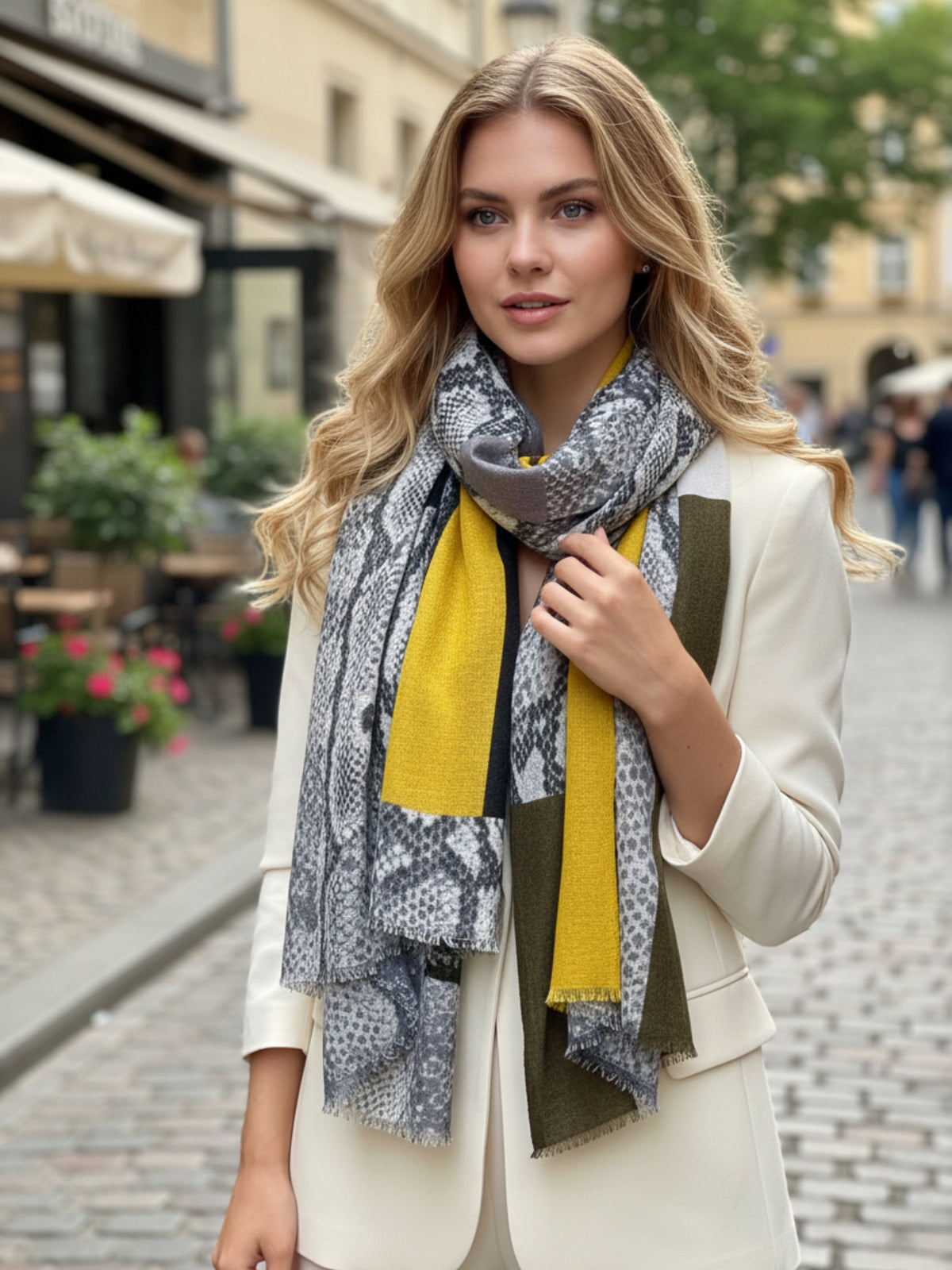 LARGE MUSTARD YELLOW BLOCK PRINT SNAKESKIN SHAWL SCARF