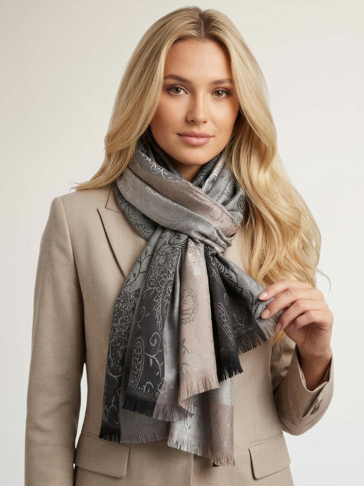LARGE REVERSIBLE GREY OMBRE PAISLEY PRINT PASHMINA SHAWL SCARF WRAP - A-SHU.CO.UK
