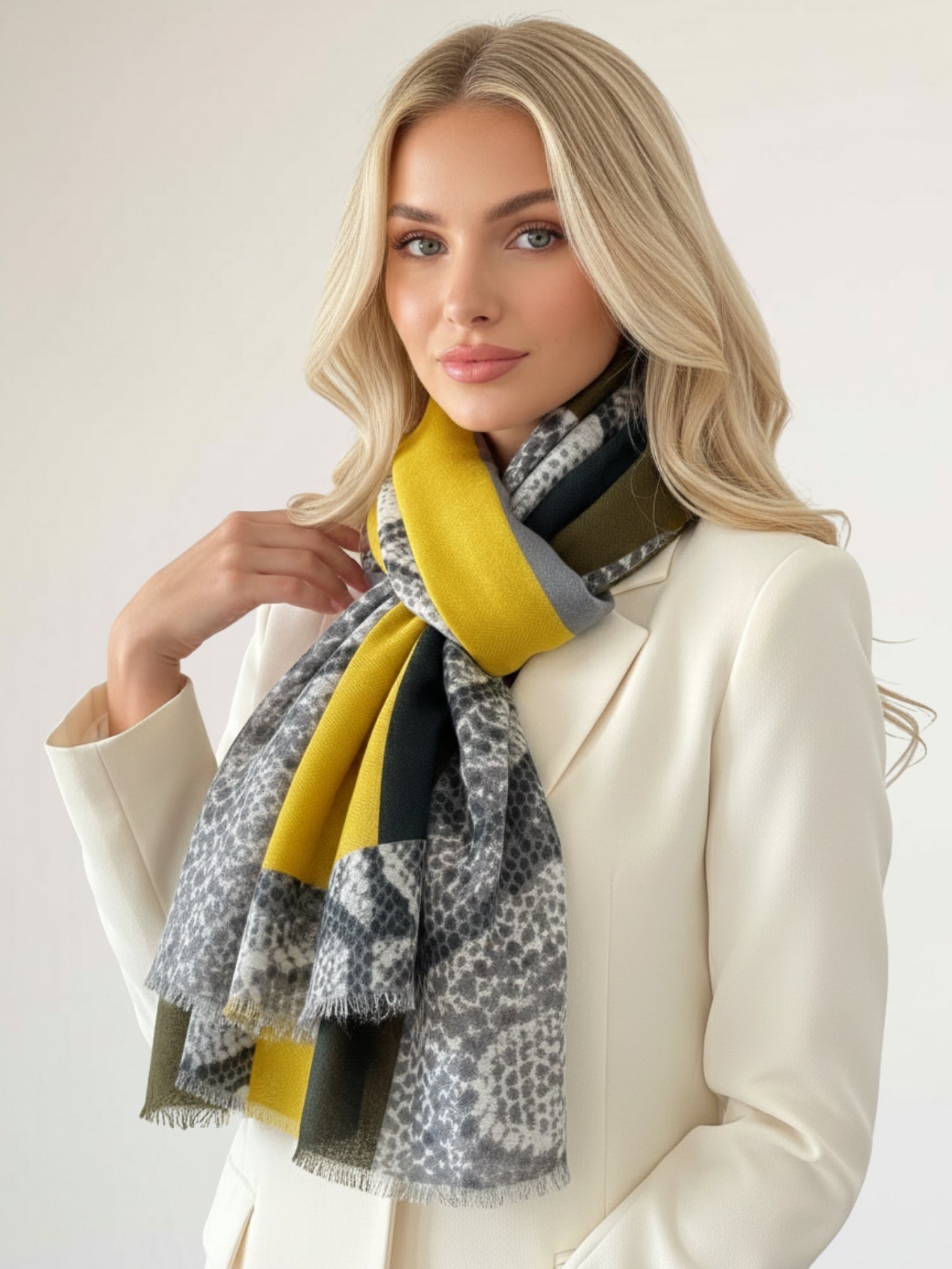 LARGE MUSTARD YELLOW BLOCK PRINT SNAKESKIN SHAWL SCARF