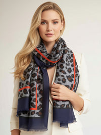 LARGE NAVY BLUE STRIPE LEOPARD PRINT SHAWL SCARF