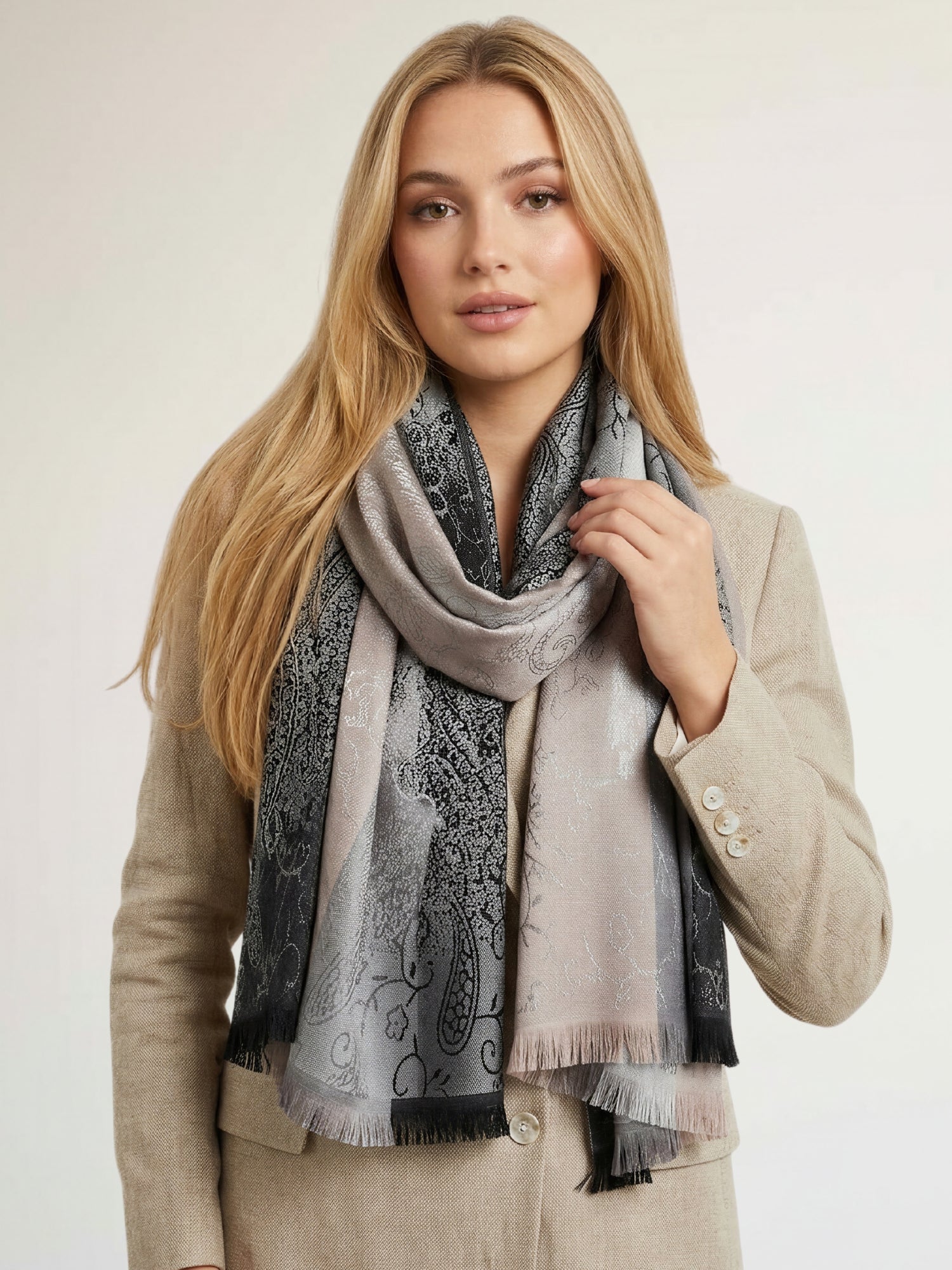 LARGE REVERSIBLE GREY OMBRE PAISLEY PRINT PASHMINA SHAWL SCARF WRAP - A-SHU.CO.UK