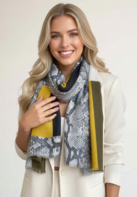 LARGE MUSTARD YELLOW BLOCK PRINT SNAKESKIN SHAWL SCARF