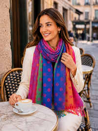LARGE FUCHSIA PINK MULTI-COLOUR DOT PRINT PASHMINA SHAWL SCARF - A-SHU.CO.UK
