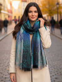 LARGE REVERSIBLE BLUE OMBRE PAISLEY PRINT PASHMINA SHAWL SCARF WRAP