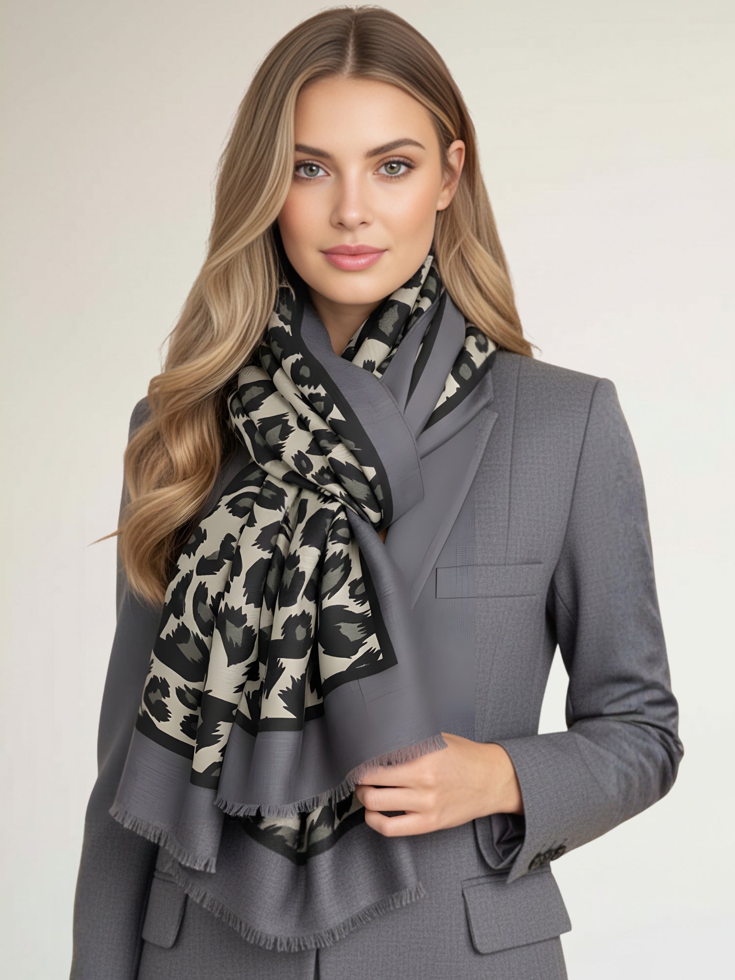 LARGE GREY STRIPE LEOPARD PRINT SHAWL SCARF