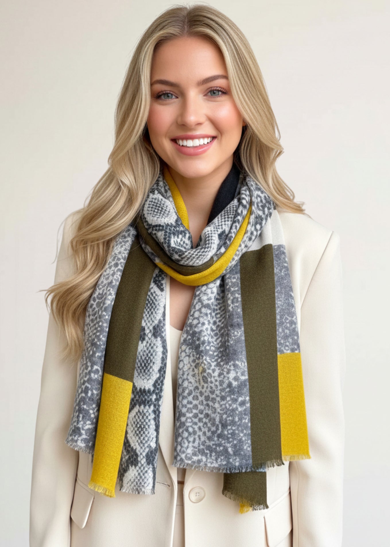 LARGE MUSTARD YELLOW BLOCK PRINT SNAKESKIN SHAWL SCARF