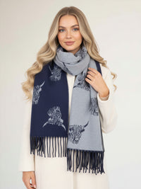 CASHMERE HIGHLAND COW PRINT REVERSIBLE WINTER SHAWL BLANKET SCARF - NAVY GREY