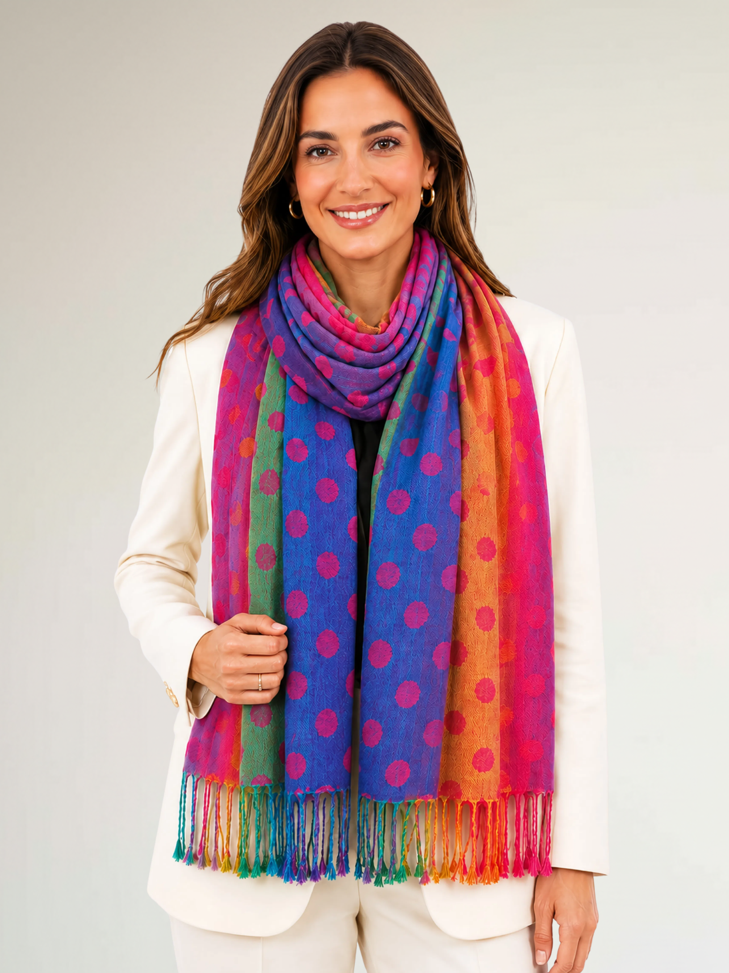LARGE FUCHSIA PINK MULTI-COLOUR DOT PRINT PASHMINA SHAWL SCARF - A-SHU.CO.UK