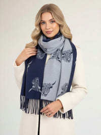 CASHMERE HIGHLAND COW PRINT REVERSIBLE WINTER SHAWL BLANKET SCARF - NAVY GREY