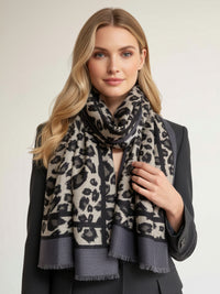 LARGE GREY STRIPE LEOPARD PRINT SHAWL SCARF