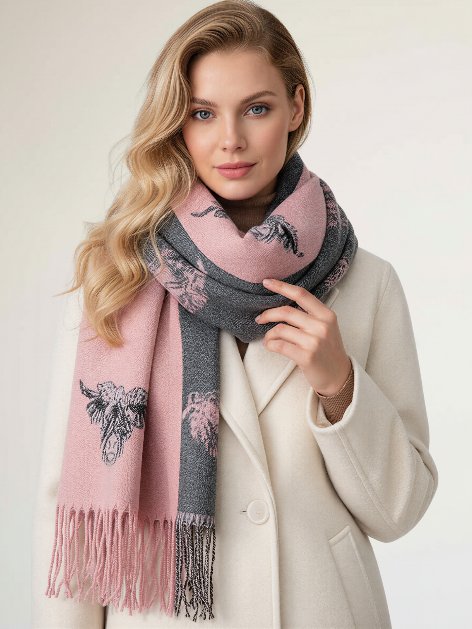 LARGE LIGHT PINK HIGHLAND COW CASHMERE REVERSIBLE SHAWL SCARF