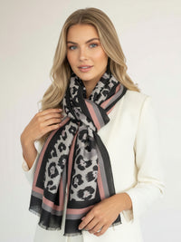 LARGE GREY STRIPE LEOPARD PRINT SCARF