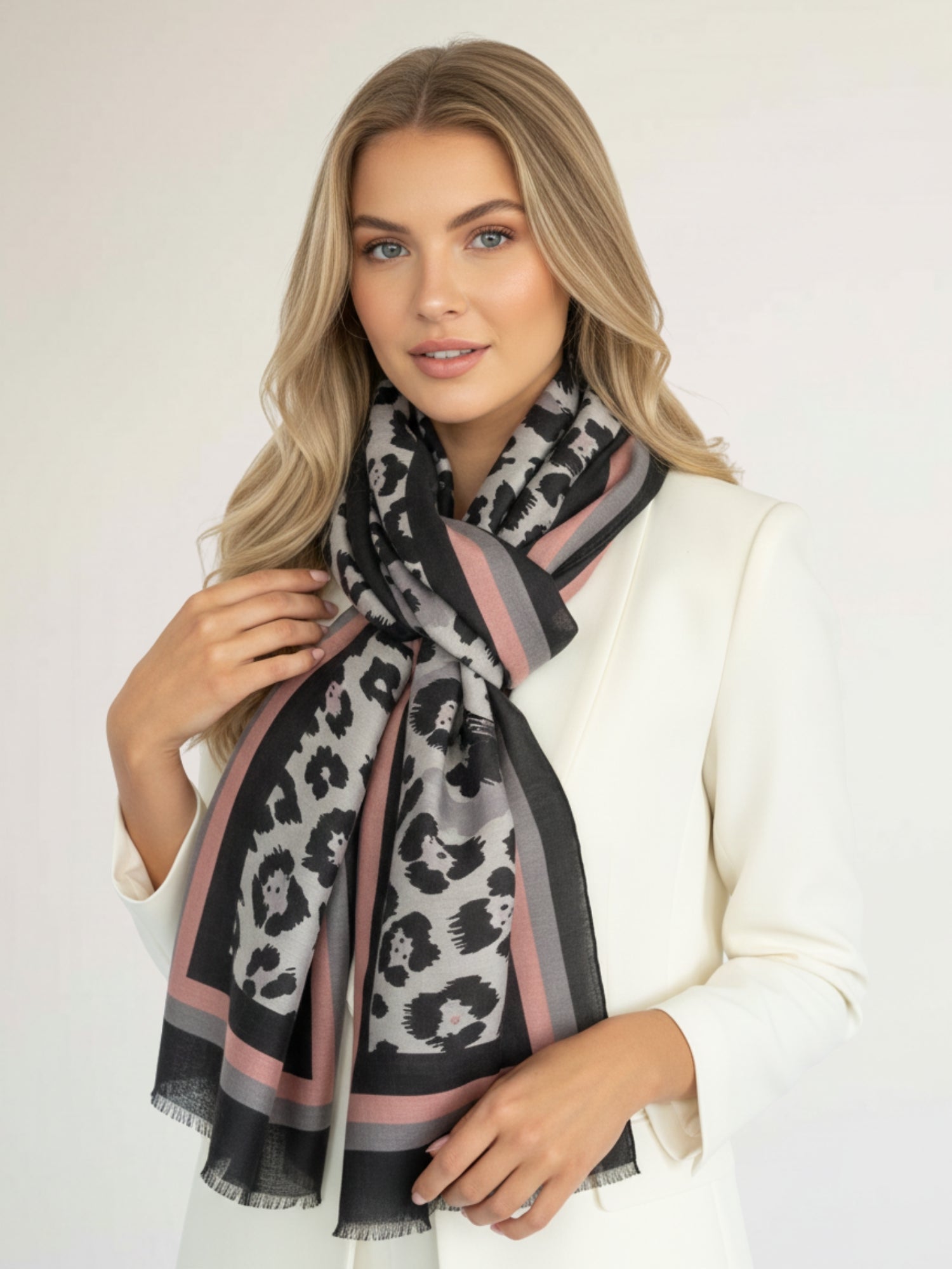 LARGE GREY STRIPE LEOPARD PRINT SCARF