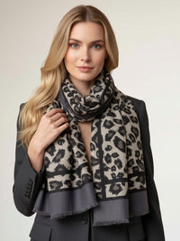 LARGE GREY STRIPE LEOPARD PRINT SHAWL SCARF