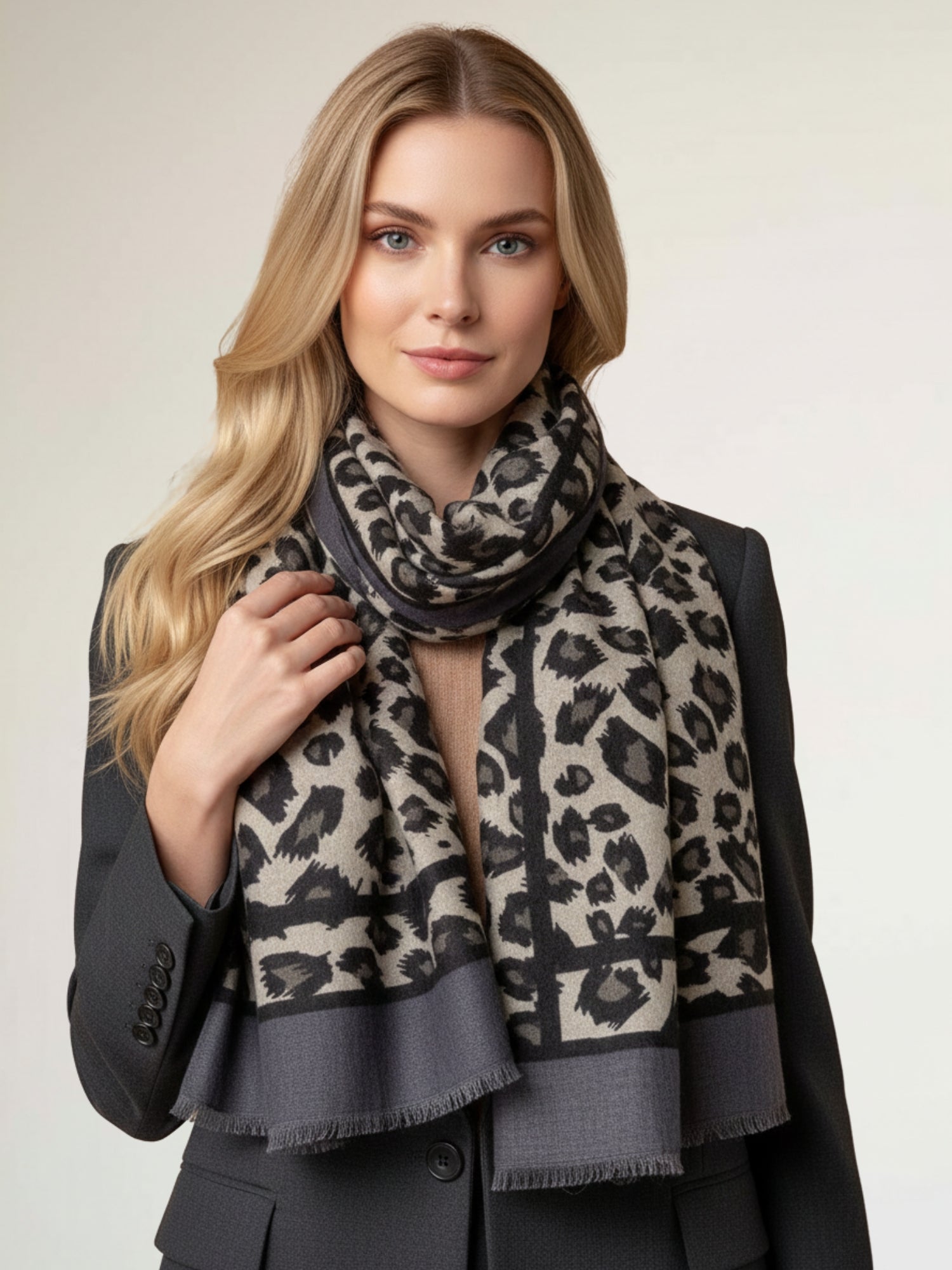 LARGE GREY STRIPE LEOPARD PRINT SHAWL SCARF