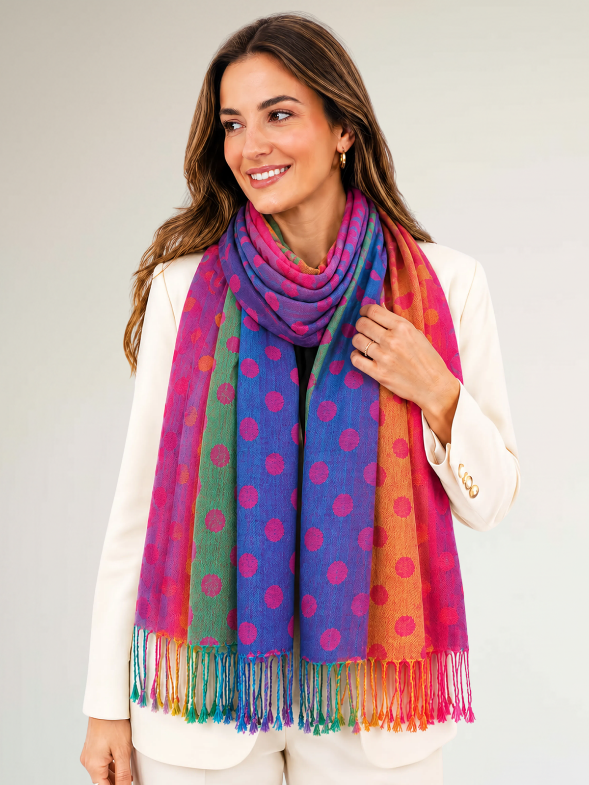 LARGE FUCHSIA PINK MULTI-COLOUR DOT PRINT PASHMINA SHAWL SCARF - A-SHU.CO.UK