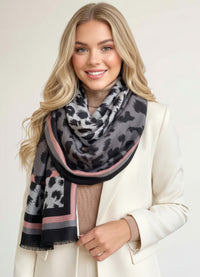 LARGE GREY STRIPE LEOPARD PRINT SCARF